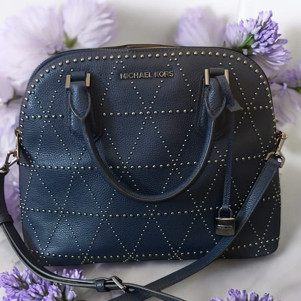 Michael Kors Navy Blue Adele Studded Women's Shoulder‎ Bag with Lock Charm - Picture 3 of 15